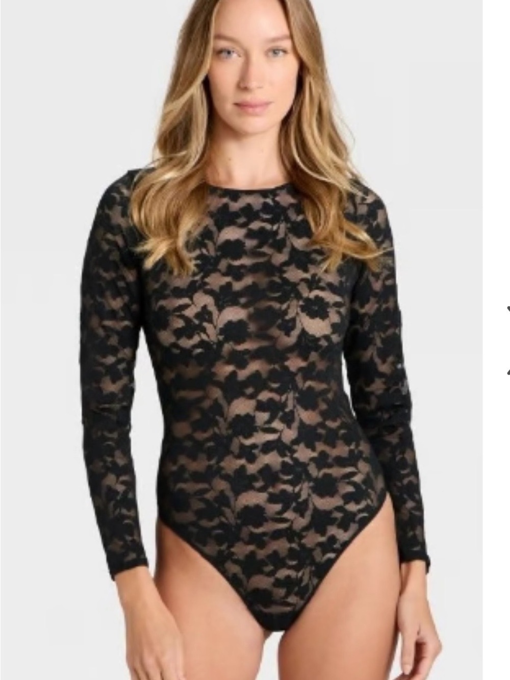 Auden Black Floral Lace Long-Sleeve Sheer Bodysuit